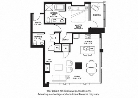 Floor plan for 1 bed, 1.5 baths, 1000 sqft